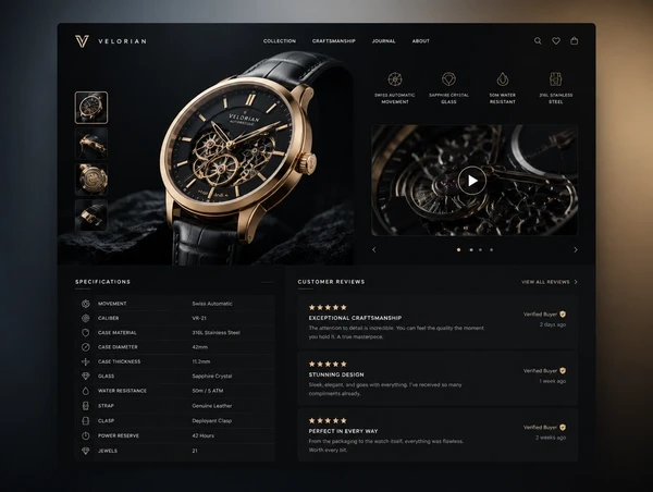 A luxury watch product page with detailed specifications, photographs and buyer reviews