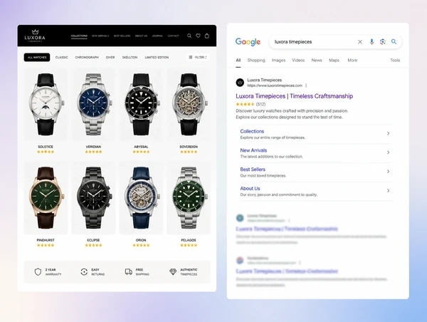 A watch collection page beside a Google search result showing it ranked first with ratings