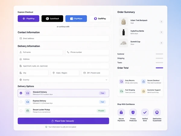 A checkout with express payment buttons, delivery choices and trust badges beside the order summary