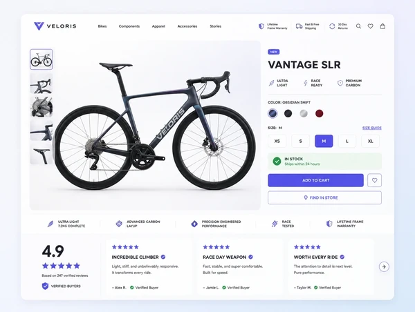 A performance bicycle product page with size options, an in stock line and verified buyer reviews