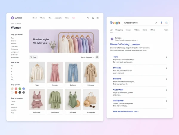 A shop category page beside its Google listing ranked first with sitelinks to each category