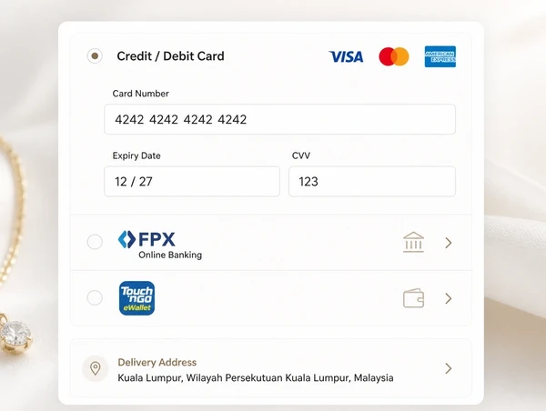 A short checkout page with saved delivery options and payment marks