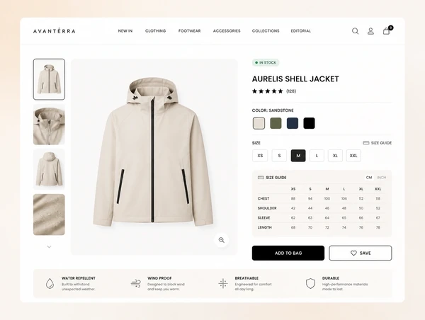 A designer fashion product page above the fold with ratings, sizes and stock