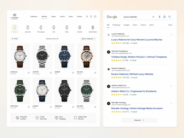 A store category page beside a search results listing showing ratings