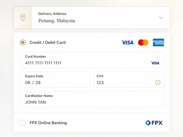 A checkout page with express payment buttons, delivery options and trust badges