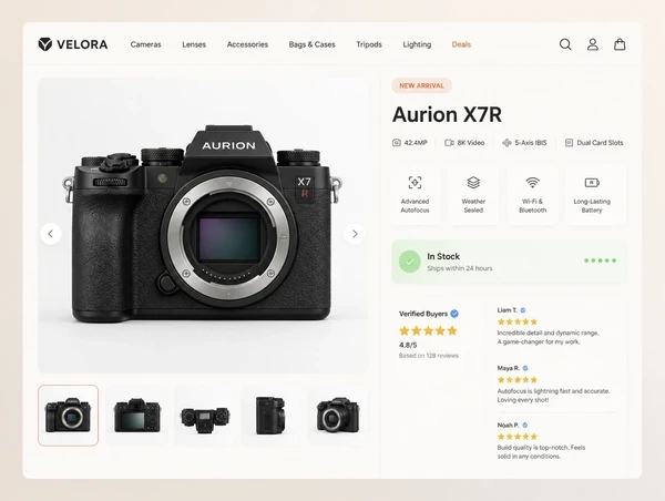 A premium product page above the fold with a large photograph, ratings and an add to cart button