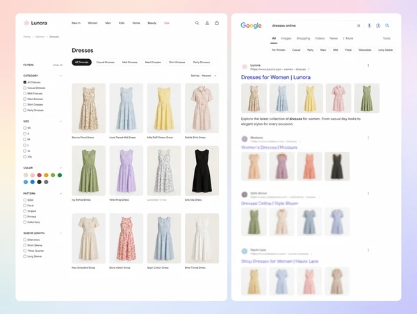 A shop category page beside its search listing ranked first with extra links