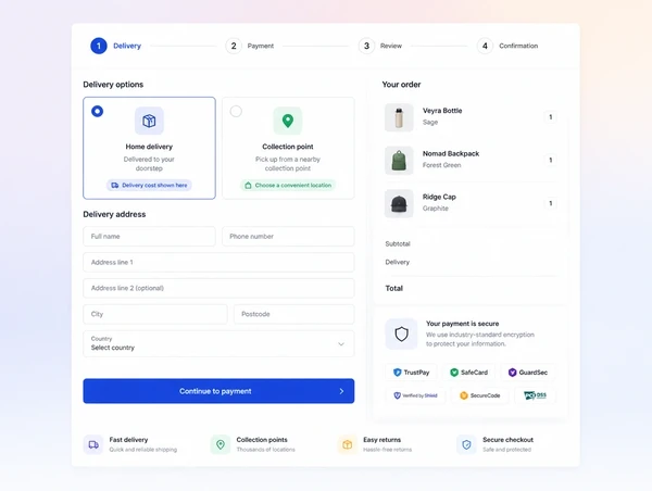 A checkout page with delivery options priced upfront and payment marks