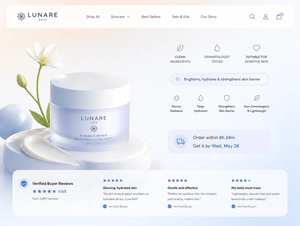 A skincare product page with a large photograph, verified reviews and an add to cart button