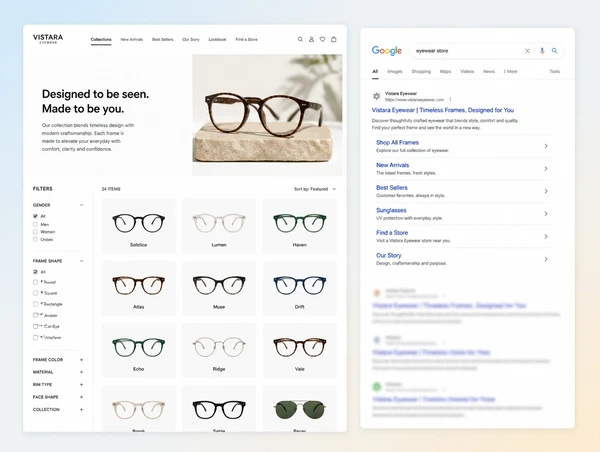 A shop category page beside its first place search listing