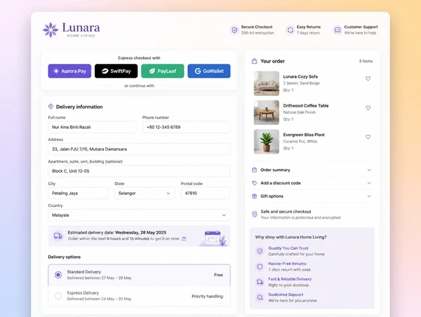 A one page checkout with express wallet buttons and a delivery date estimate