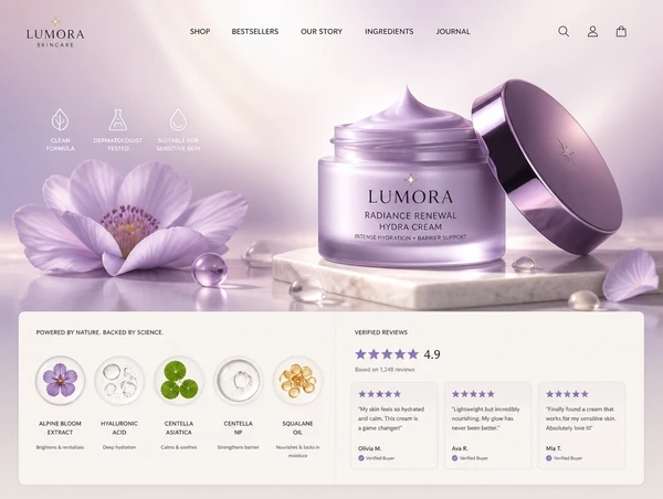A premium skincare product page with ingredients, verified reviews and an add to basket button
