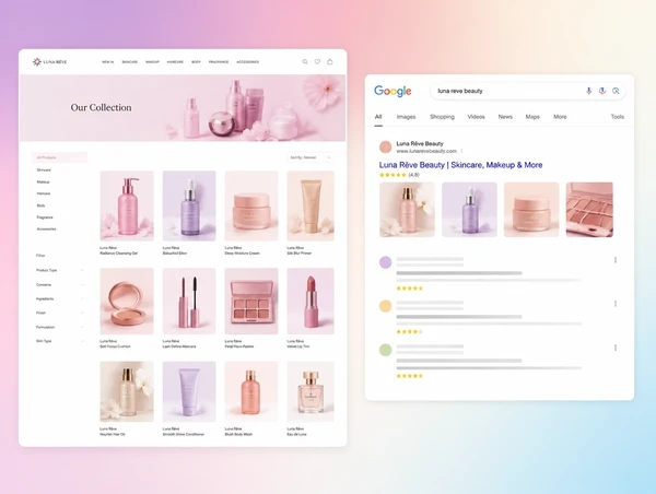 A beauty products collection page beside a Google search result showing it ranked first