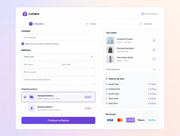 A single page checkout with delivery choices, arrival times by area and accepted payment marks