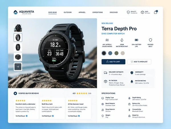 A dive gear product page with specifications, a delivery estimate and verified buyer reviews