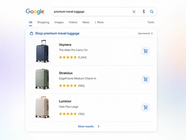 A Google results page with a shop category listing first, showing product images and ratings