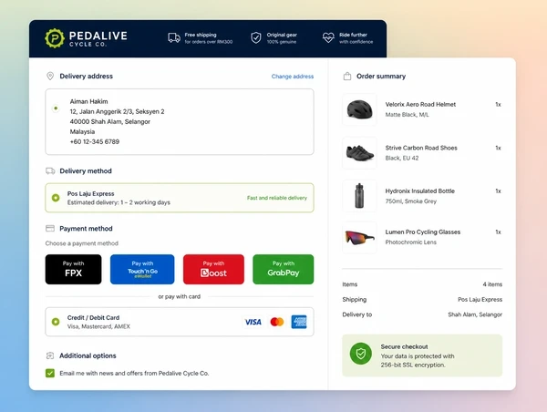A checkout page with a saved delivery address, express payment buttons and an order summary