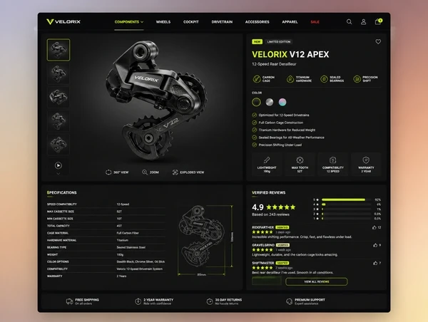 A cycling component product page showing specifications, stock and verified reviews