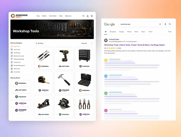 A workshop tools category page beside a Google search result showing it ranked first