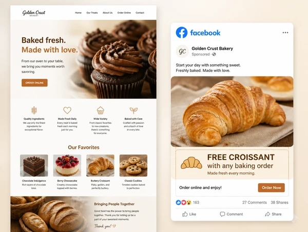 A bakery website shown beside the Facebook advert that carries its one clear offer