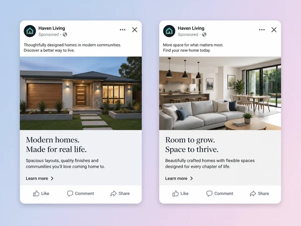 Two versions of the same Facebook advert with different opening images and headlines