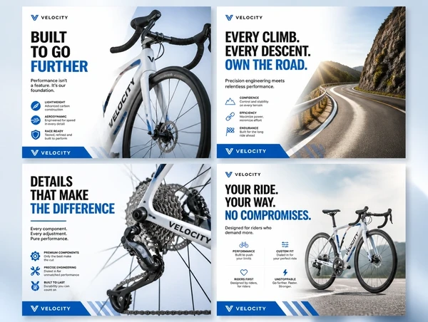 Four social advert designs for one cycling brand, each opening on a different angle