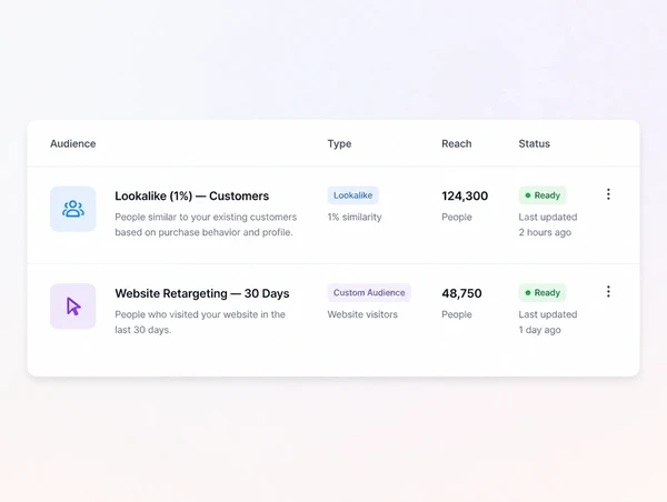 An audience panel listing a lookalike audience beside a website retargeting audience