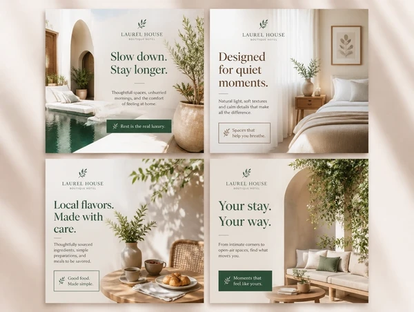 Four advert designs for one boutique hotel, each opening on a different idea