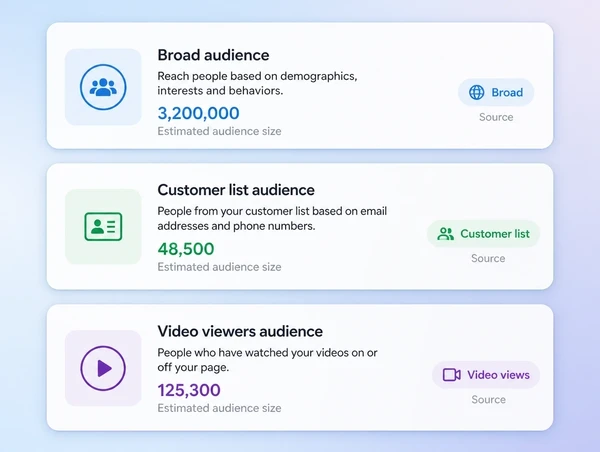 An audience panel with a broad audience above a custom audience built from a customer list
