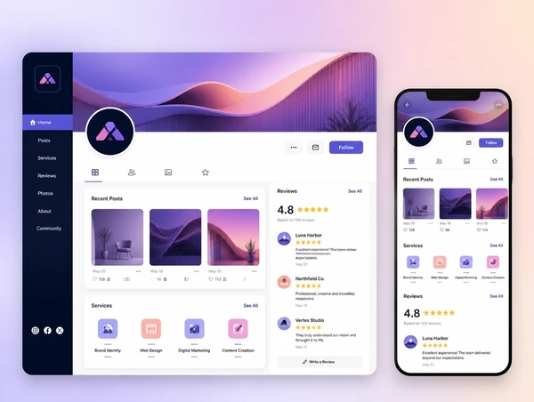 A business page with recent posts, services and reviews visible