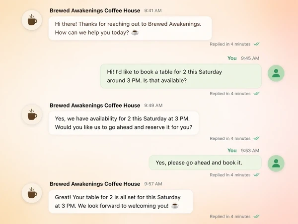 A coffee shop message thread where a table booking is settled within minutes