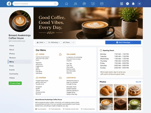 A coffee shop page with its menu tab, opening hours and photo gallery