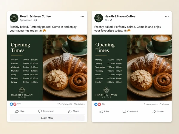 A sponsored coffee shop post and an ordinary page post carrying the same opening times