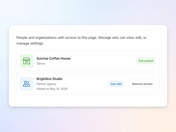 A page ownership panel with the coffee shop as sole owner and an agency added alongside