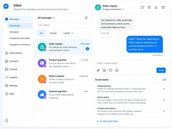 A Messenger business inbox with saved replies and a customer question answered in minutes
