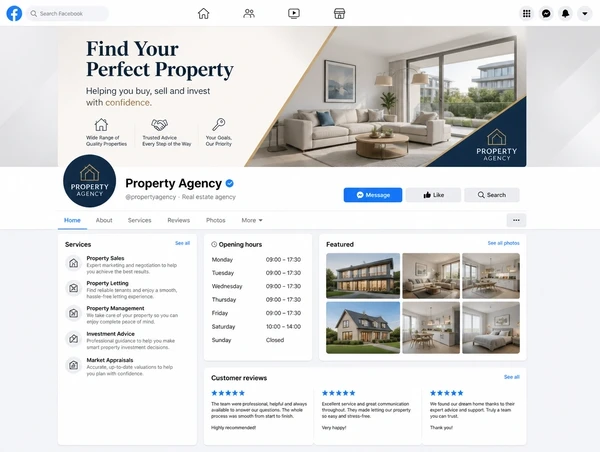 A property agency Facebook page showing services, opening hours, photos and customer reviews