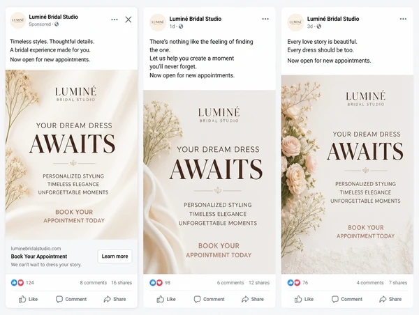 A Facebook feed advert shown beside two organic posts from the same page carrying one offer