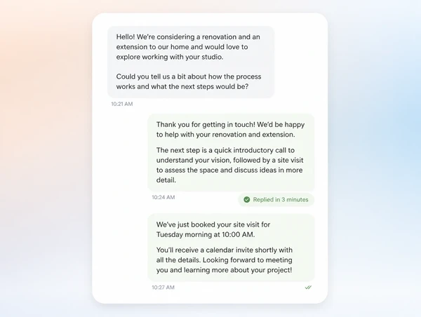 A social inbox with the newest thread answered in three minutes and a site visit booked