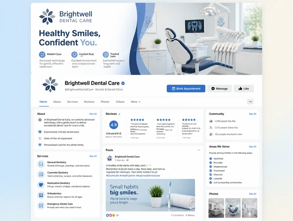 A dental clinic page with services filled in, this week's post and recent reviews