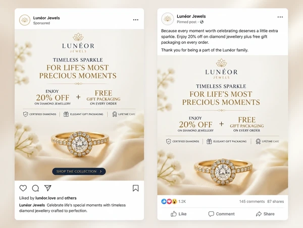 An Instagram advert beside the pinned page post repeating the same offer wording