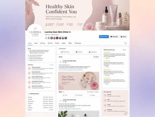 A complete business page with recent posts, services listed and reviews visible