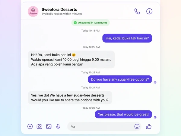 A message thread answered in Malay and English with the shop confirming it is open