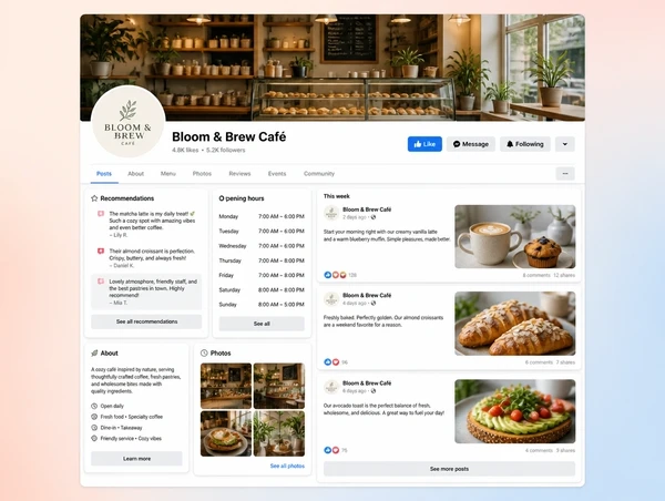 A cafe page with opening hours, recent photos and recommendations near the top