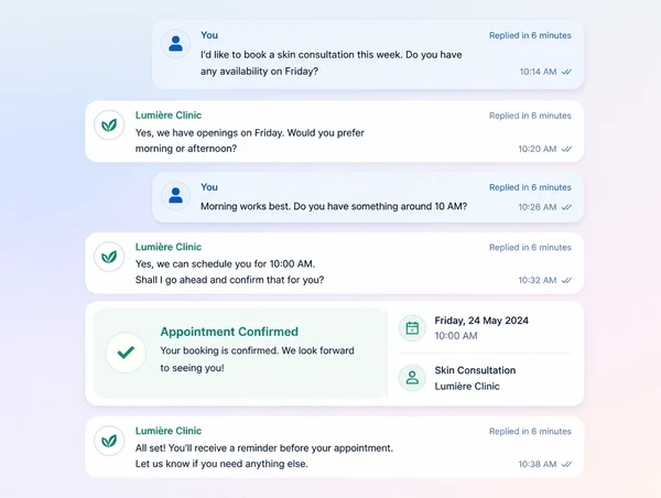 A clinic message thread where a booking is confirmed within minutes
