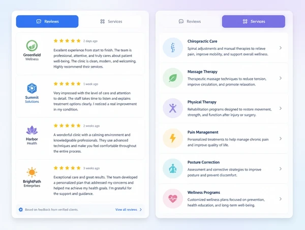 A clinic page with recent recommendations beside a clearly listed set of treatments