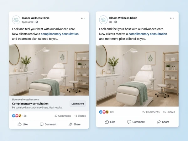 A sponsored clinic post and an ordinary page post carrying the same offer
