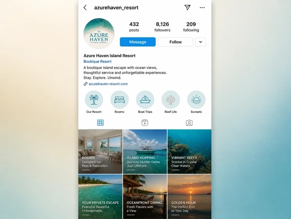An Instagram business profile for an island resort with highlights and a grid of recent posts