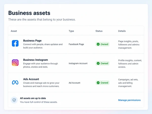 A business assets list showing a page, an Instagram account and an ad account all owned by the business