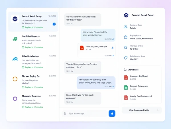 A social inbox where a supplier has replied to trade buyers within minutes