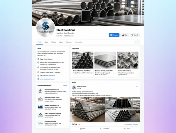 A supplier business page with recent posts, product photographs and recommendations